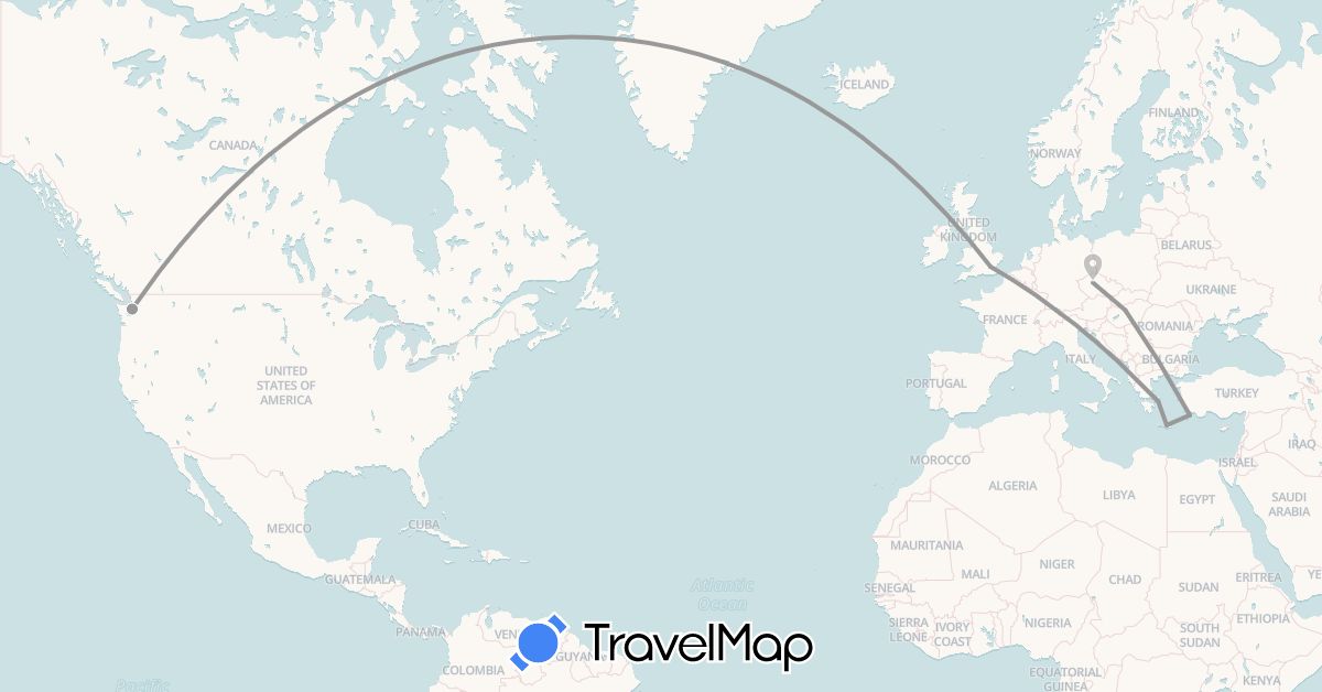 TravelMap itinerary: driving, plane in Czech Republic, United Kingdom, Greece, Hungary, United States (Europe, North America)